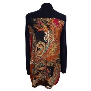 Chicos Size 1 US M Open Front Cardigan Sweater Mixed Media Paisley Print Pockets